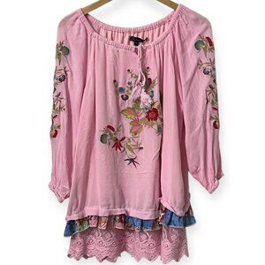 Caleaas 1X Pink Embroidered Boho Peasant Top Floral Tassel Sleeve Lace Hem Rayon